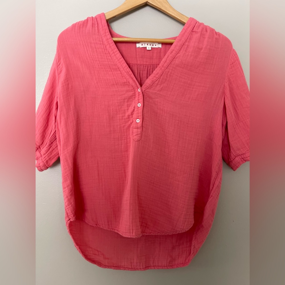 *SOLD* Xirena Lia Beach aGauze Short Sleeve Top Button Pink Shirt Size Small